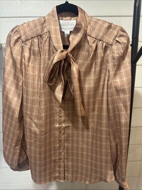 Anthropologie Tan Plaid Bow Tie Blouse